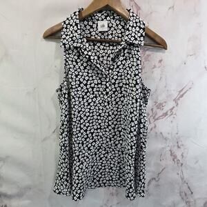 CAbi Tank Top Womens Small White Black Blouse Floral 5733 Ruffle Peplum Befriend